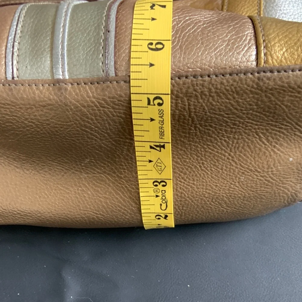 Tignanello Leather Tote Bag Brown Gold Silver Striped Shoulder Bag